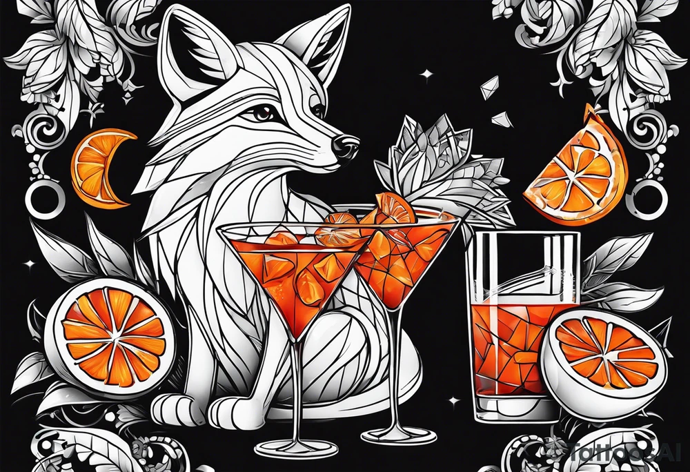 Geometric sly fox with one Negroni in short lowball cocktail glass with ice and orange peel tattoo idea