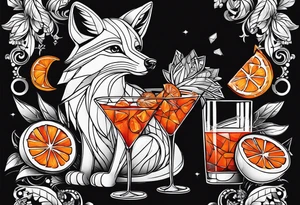 Geometric sly fox with one Negroni in short lowball cocktail glass with ice and orange peel tattoo idea