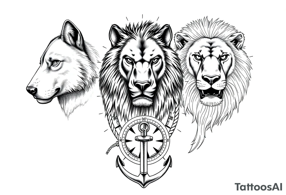 wolf, bear, lion, surrounded by a broken old school compass with a rope and anchor on the bottom tattoo idea