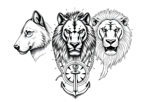 wolf, bear, lion, surrounded by a broken old school compass with a rope and anchor on the bottom tattoo idea