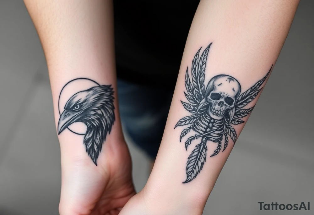 Double forearm tattoo with one normal crow head, feathers and a moon joint with the other forearm with a skeleton of a crows head and feathers all around tattoo idea