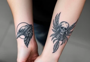 Double forearm tattoo with one normal crow head, feathers and a moon joint with the other forearm with a skeleton of a crows head and feathers all around tattoo idea