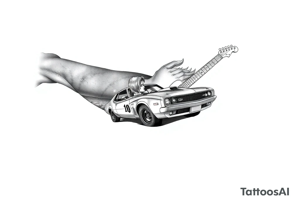 I want arm sleeve that starts with a beach with dale Earnhardt car on the beach with a hot blonde 80’s girl with big hair on the hood. Then an ocean with big waves then a big dark sky with the Milky Way in it and Jimi Hendrix Stratocaster in the sky tattoo idea
