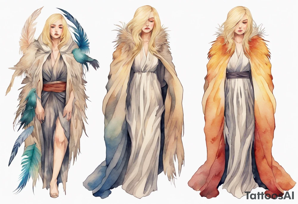 a sad blond woman with a feathered cloak tattoo idea