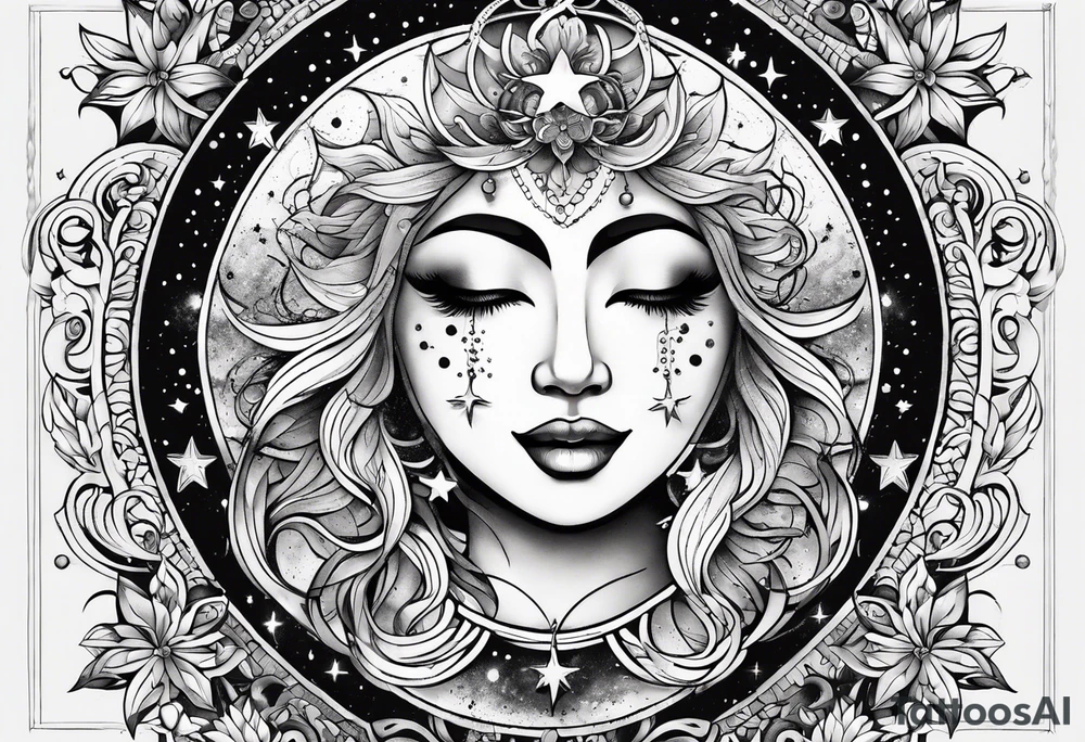 Feminine Sun and moon. long rectangular sternum swirls with dots and stars tattoo idea