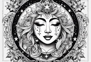 Feminine Sun and moon. long rectangular sternum swirls with dots and stars tattoo idea