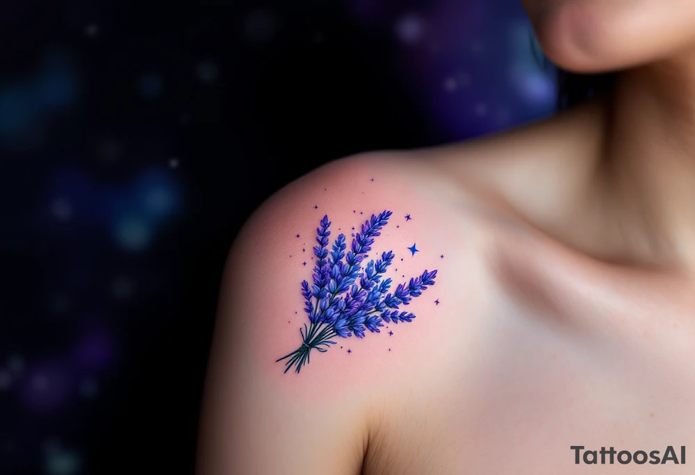 A lavender bouquet floating in a starry sky, in shades of blue, violet, and silver. tattoo idea