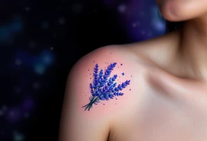 A lavender bouquet floating in a starry sky, in shades of blue, violet, and silver. tattoo idea