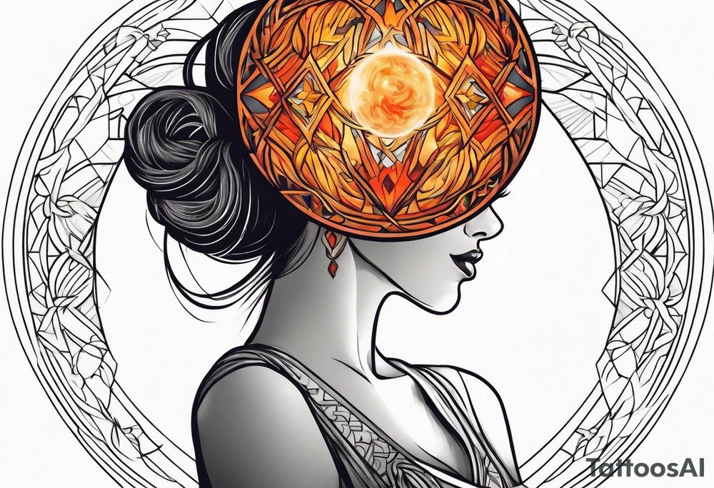 Woman holding fiery ball above her head tattoo idea