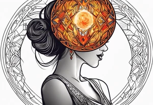 Woman holding fiery ball above her head tattoo idea