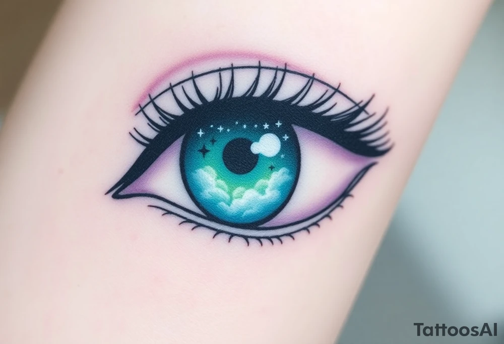 Large outline of an eye shaped like an almond with eye colored greenish blue with long pretty black eyelashes + spade shaped eyeball instead of a round eyeball + a crescent moon stars and clouds inside of the eyeball only + using vivid colors like blue green purple light blue light green light purple tattoo idea