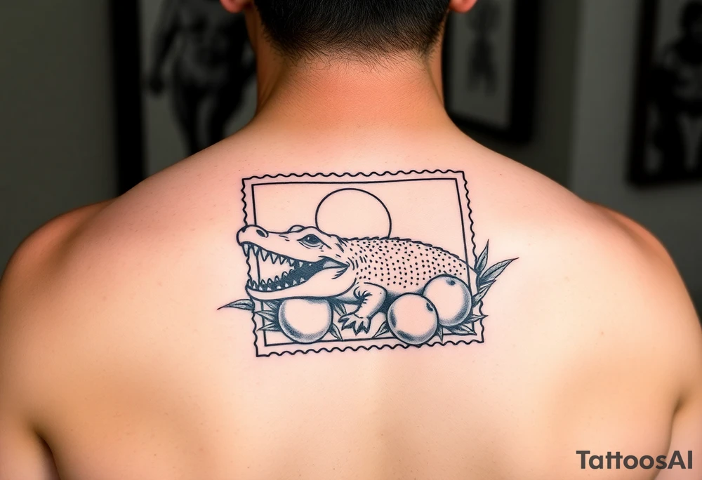 florida themed traditional tattoo with a gator, sun and oranges in a classic postage stamp square tattoo idea