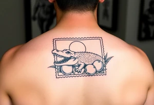 florida themed traditional tattoo with a gator, sun and oranges in a classic postage stamp square tattoo idea