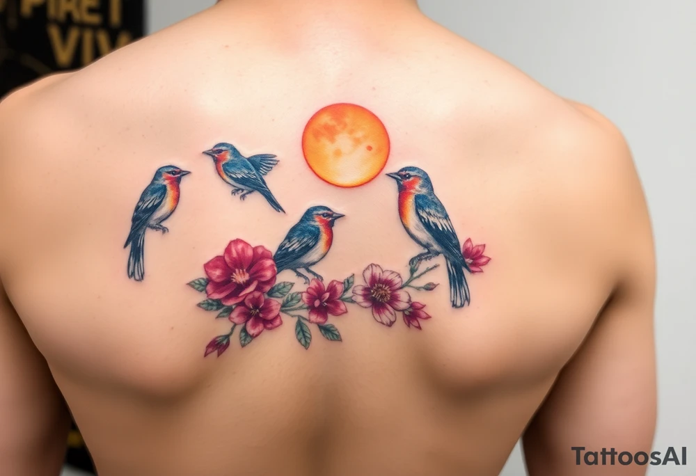 Four birds, flowers, branch, sun tattoo idea