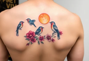 Four birds, flowers, branch, sun tattoo idea