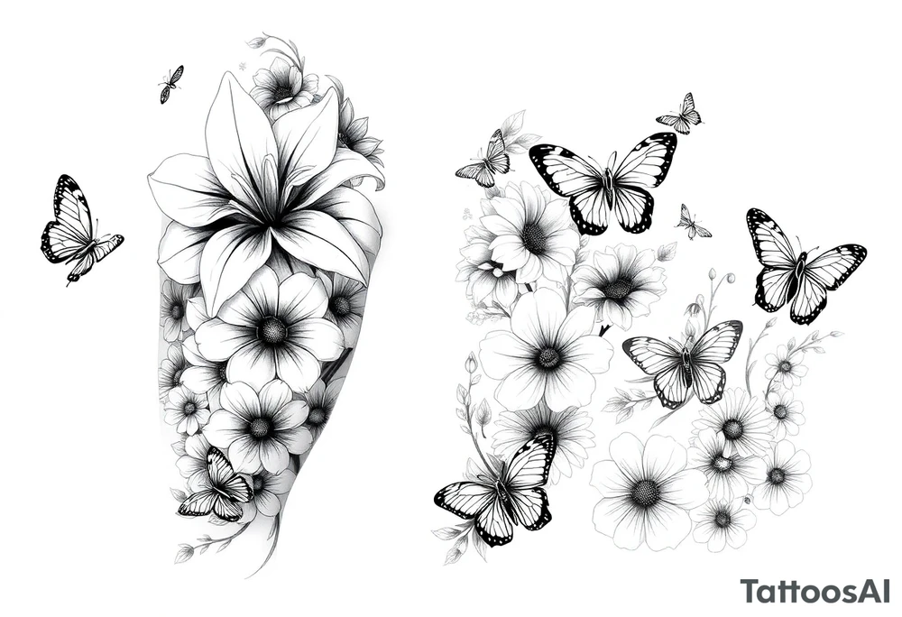 Calia Lily, rose, gadiolus, carnation,Narcissus,poppy, aster, violet ,chrysanthemum, lily of the valley and water lily sleeve on upper arm and shoulder  with butterfly’s and bumblebees and dragonflies on skin tattoo idea