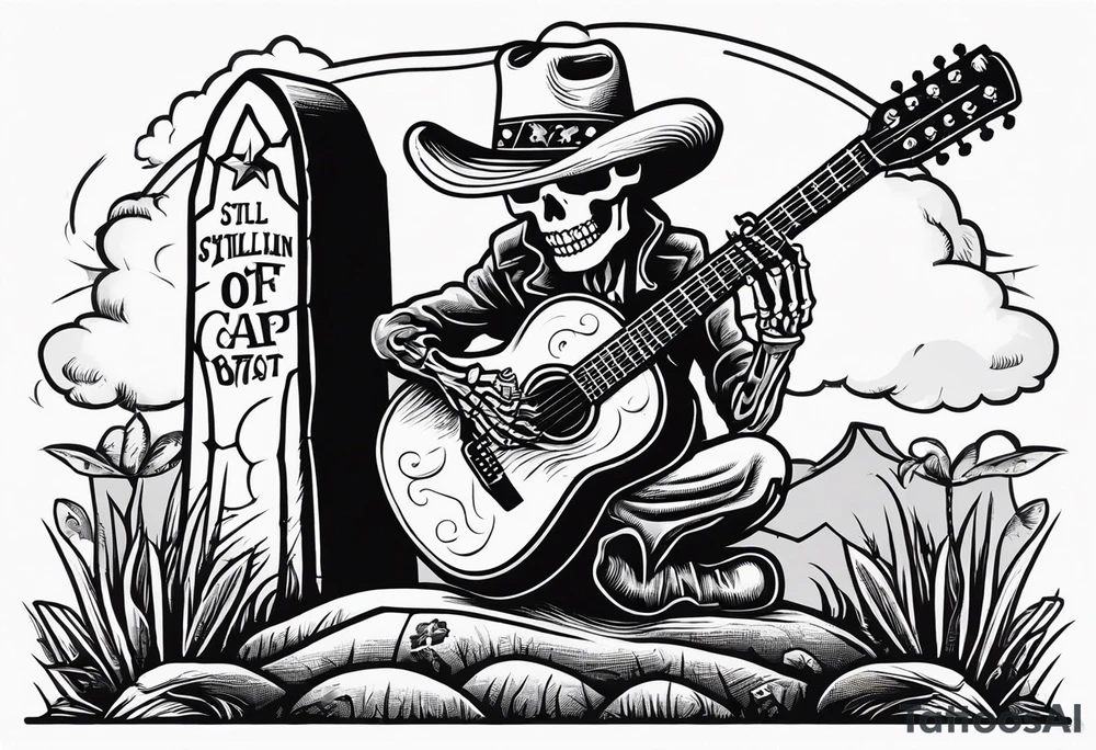 A skeleton with a cowboy hat on playing the guitar while sitting on a gravestone engraved with the words "Still Kickin'" and a pair of cowboy boots tattoo idea