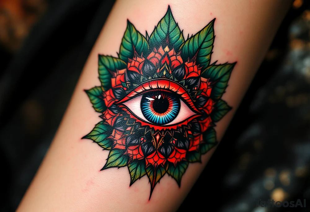 A ruby red Udjat eye surrounded by dark green papyrus leaves for healing and wholeness. tattoo idea