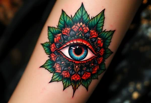 A ruby red Udjat eye surrounded by dark green papyrus leaves for healing and wholeness. tattoo idea