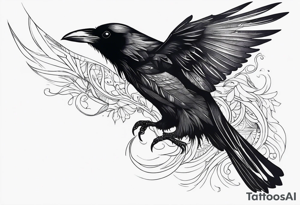 Raven in flight, upsidedown, knowing, light behind its eyes, ethereal tattoo idea