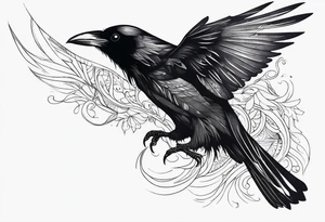 Raven in flight, upsidedown, knowing, light behind its eyes, ethereal tattoo idea