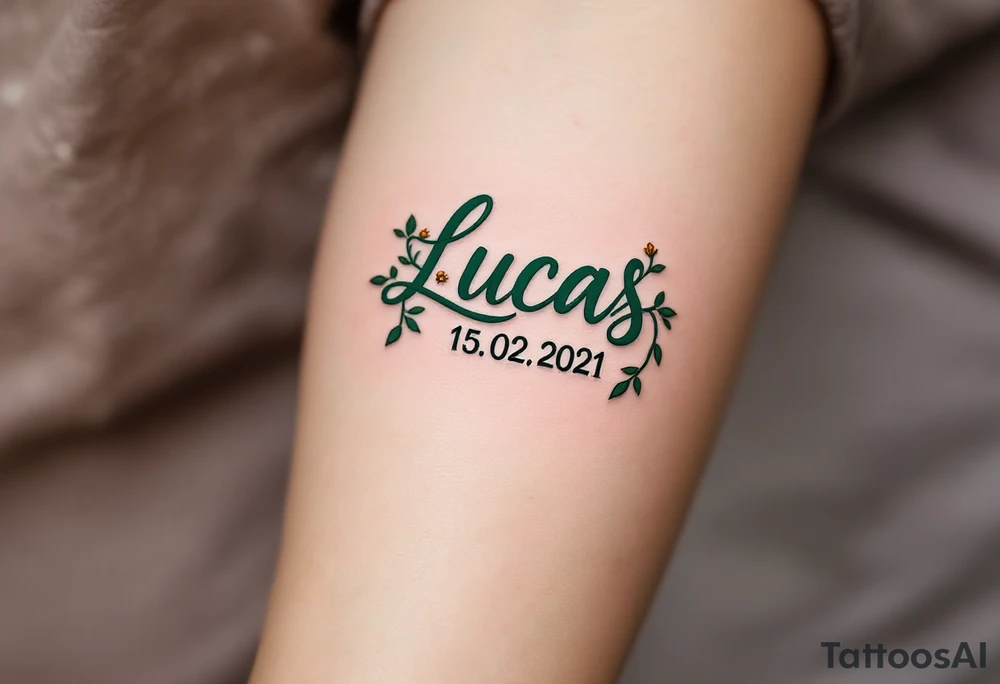 Name Luky 15. 02. 2021 – Deep emerald green vine twisting around Lucas's birthdate, with small yellow blooms dotting the numbers. tattoo idea