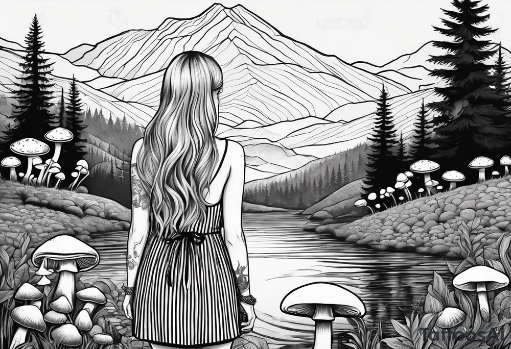 Straight long blonde hair girl in distance holding mushrooms in hand facing away toward mountains and creek surrounded by mushrooms black and white striped dress tattoo idea