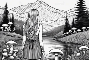 Straight long blonde hair girl in distance holding mushrooms in hand facing away toward mountains and creek surrounded by mushrooms black and white striped dress tattoo idea