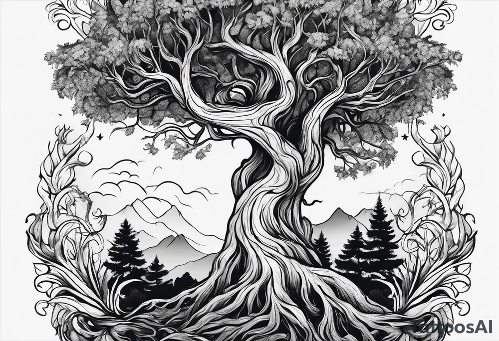 the virgo sign made out of tree roots tattoo idea