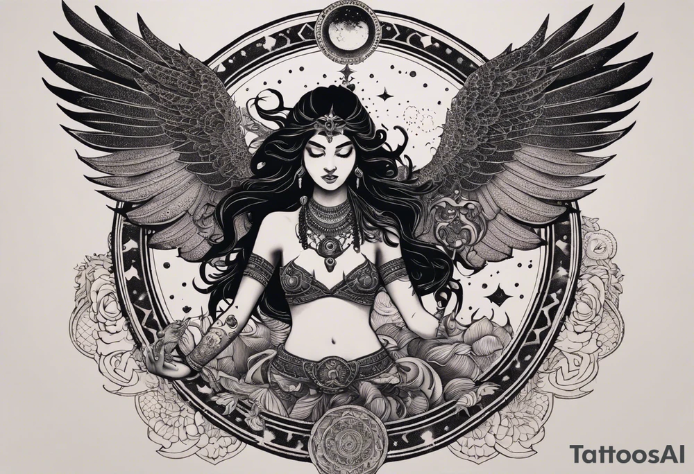 black kali, goddess pirate, alien, angel, pachamama, valkrye, warrior, flying, skull, lotus azul, wing, eagle, zenza resonance, stars, 5D, anahata chakra, death, durga, riding on a tiger, flying lady, chest tatoo tattoo idea