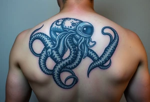 Deep sea kraken with an astronaut in a sea and space concept with colour tattoo idea