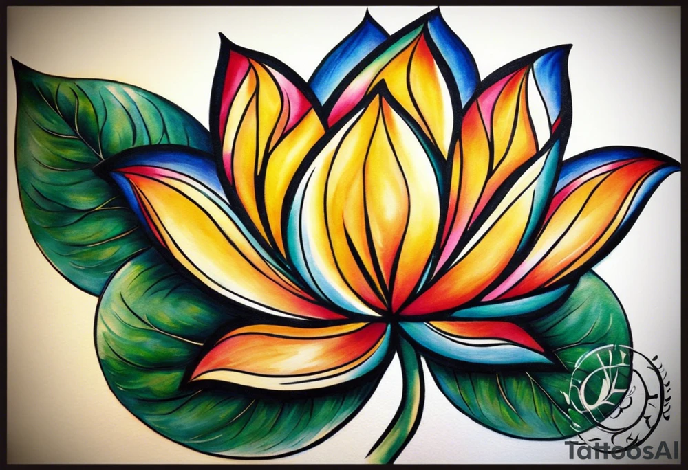 Make a strong and abstract looking lotus flower that will take up the upper left portion of my back. you will see within the lotus’s leaves should a rocky area to symbolize strength, a helix to symbolize resiliency and a Greek delta to symbolize transformation. The tattoo should overall represent resiliency and strength and present a strong, firm foundation that displays strength in the face of trauma. The lotus will be the focal point with the other elements naturally included. Make sure to also be able to identify the rock, the helix and the delta symbol tattoo idea