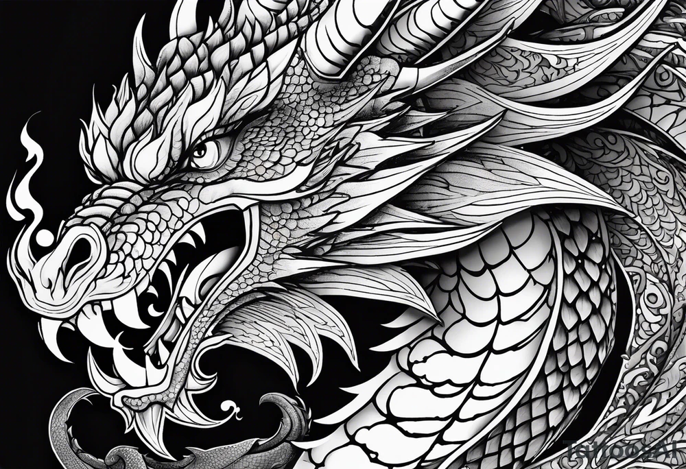 An ornate dragon breathing fire, with intricate scales and a fierce expression, symbolizing power and protection.” tattoo idea