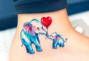 Mother elephant and a baby elephant holding a red balloon with its trunk, symbolizing childhood joy and innocence tattoo idea