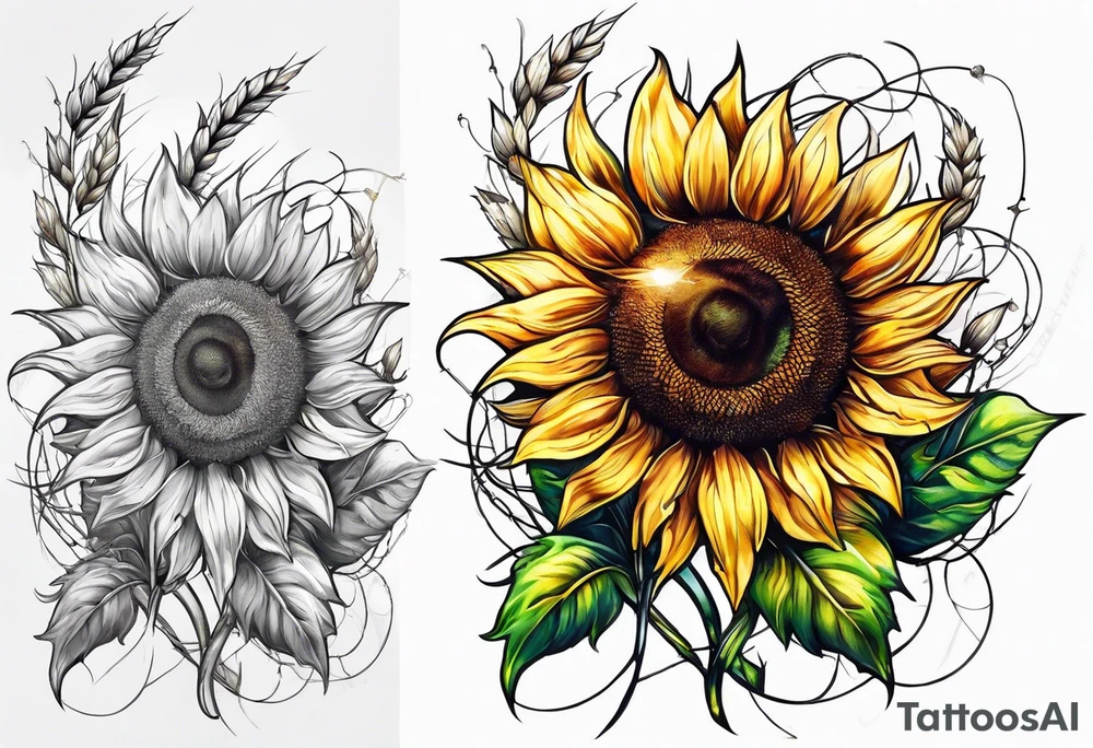 Sunflower, wheat, and barbed wire half sleeve tattoo idea