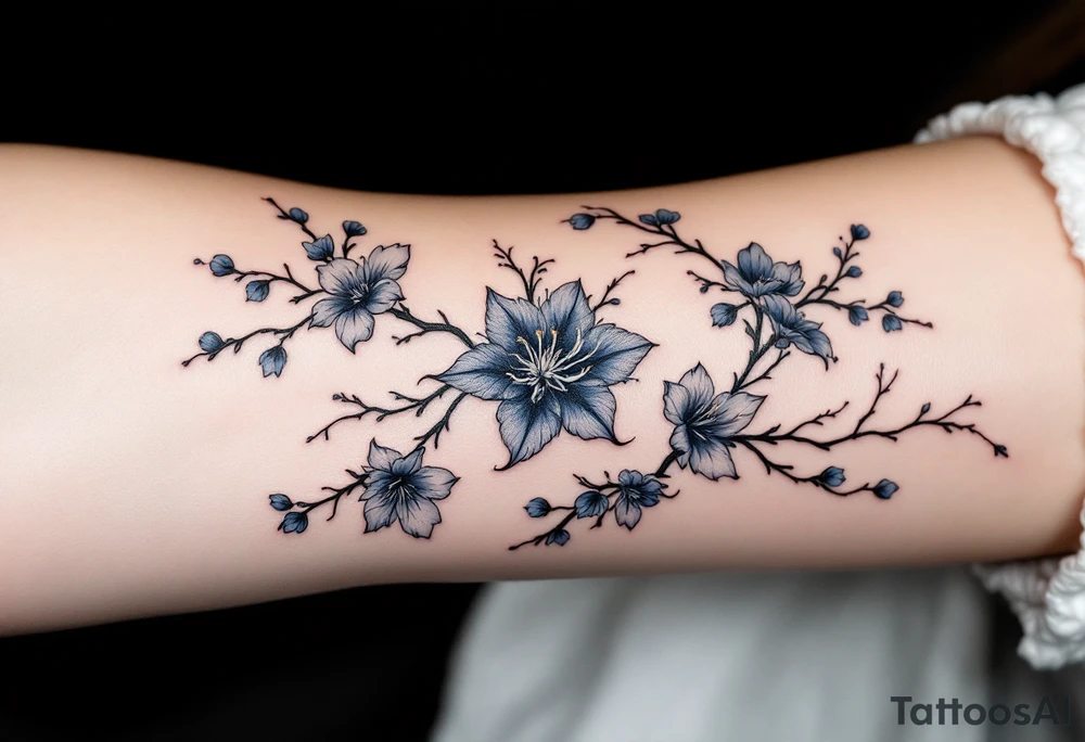 the flower blue spider lily from demon slayer and add cherry blossoms wrapped around upper arm tattoo idea