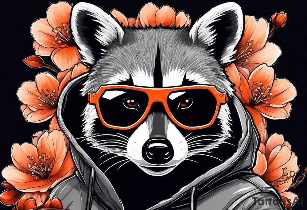 Raccoon wearing a white Superman logo on a black hoodie and orange Japanese cherry blossoms beside tattoo idea
