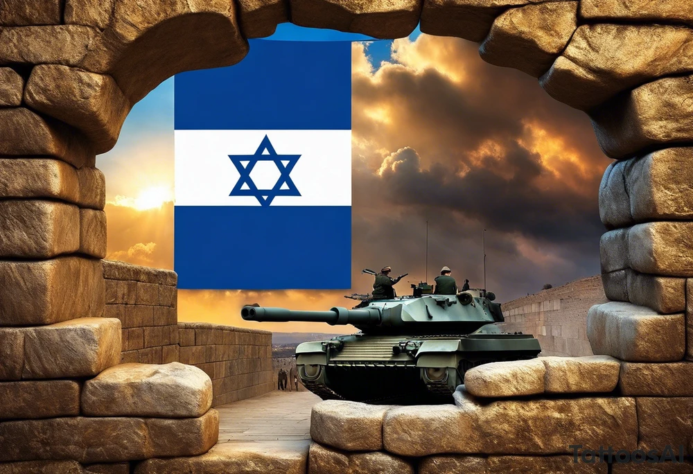 create a half-sleeve tattoo with the theme of israel, the israel flag,  with a soldier and Chasidic jew praying at the wailing wall, jets, with an outline of the country of israel creating a border around all images (some of the jets and tanks may break the border to give them a 3d look). Again, this is a half-seleeve tattoo without images bleeding onto the back or torso.  Shoulder to elbow tattoo. tattoo idea