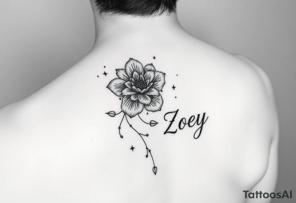 I want it on my wrist. I want a beautiful flower on the inside of my wrist with tendrils down the inside of my arm with little delicate stars or motes and the name Zoey tattoo idea