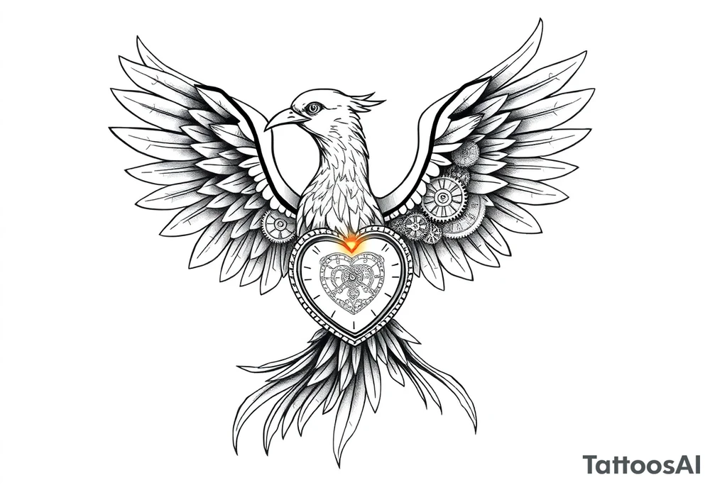 A stylized phoenix rising with feathers composed of intricate clock gears and mechanical parts. The chest reveals a glowing clockwork heart symbolizing emotional depth, love, and resilience amidst anxiety. The design combines fine line and dotwork detailing on the mechanical elements with bold, clean lines for the phoenix silhouette. Minimal shading emphasizes contrast and highlights the glowing heart. tattoo idea