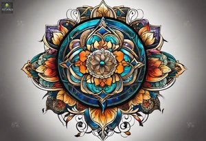 A tattoo design representing the interconnectedness of art, history, and cosmology, with elements of each intertwined in a visually striking way, tattoo idea