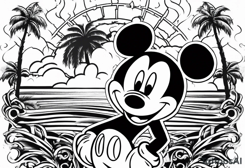 mickey mouse in a lightning storm with palm trees and the celtic symbol for family tattoo idea
