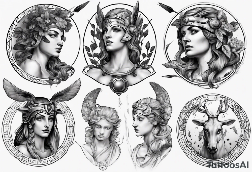 realistic Artemis greek mythology tattoo idea