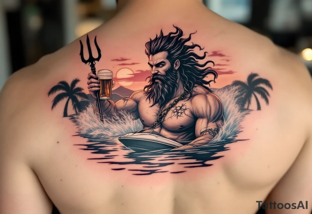 young, happy, fit poseidon in calm water, holding a trident, drinking a beer, with sunset, with ski boat tattoo idea