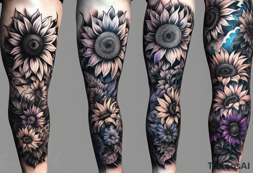 Full leg sleeve with purple, orange and blue sunflowers tattoo idea