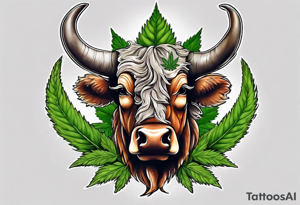 Taureau avec cannabis et qui bois whisky tattoo idea