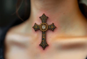 Vintage Cross with Clockwork Design – A very tiny vintage bronze cross featuring intricate clock gears in gold and rust, combining faith and time, with some soft shading in the middle of a neck. tattoo idea