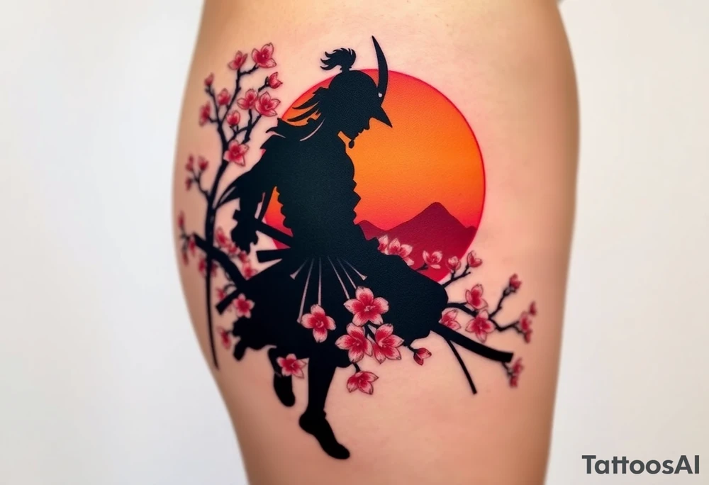 noble samurai warrior silhouette at sunset with cherry blossoms tattoo idea