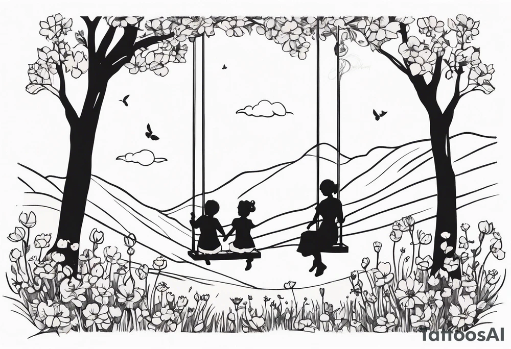 Mom with son and daughter on a swing in the distance in a field of flowers tattoo idea