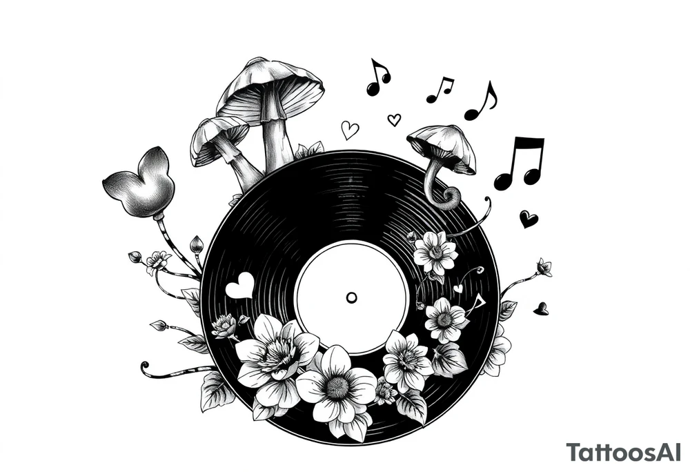 vinyl record with mushrooms, flowers, hearts, and music notes tattoo idea